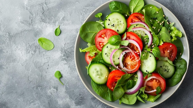 Gezonde groente salade van verse tomaten komkommer uien spinazie sla Generative Ai