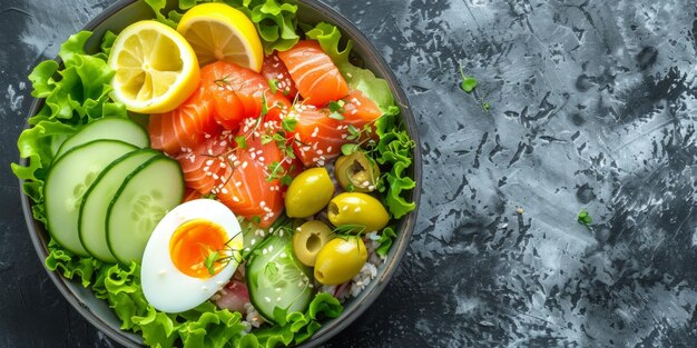 Gezonde groentensalade van verse tomatenkomkommer op het bordBovenkant Generatieve AI