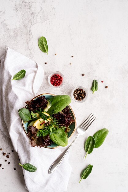 Gezonde groentesalade met spinazie, rode sla, komkommers en groen