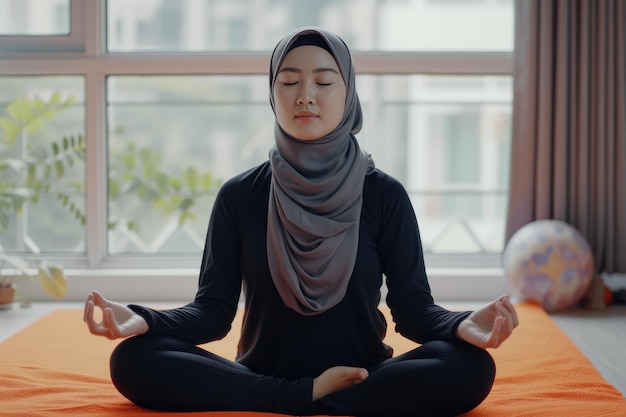 gezonde islamitische vrouw met hijab die yoga pilates doet mediteert in een kamer op een oranje matras met gesloten ogen lotus poseert in een ruimte