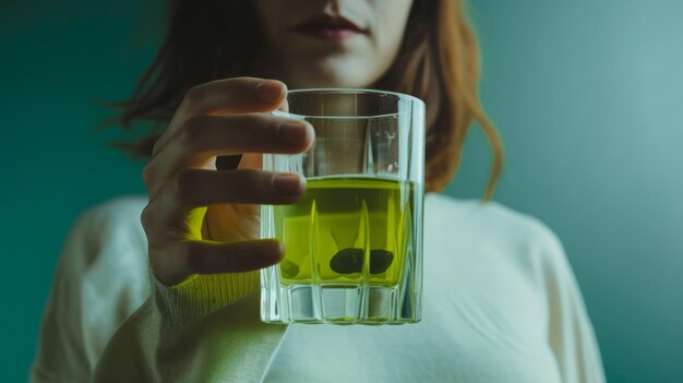 Foto gezonde jonge mooie vrouw die een voedzame groene smoothie in een glazen glas vasthoudt en geniet.