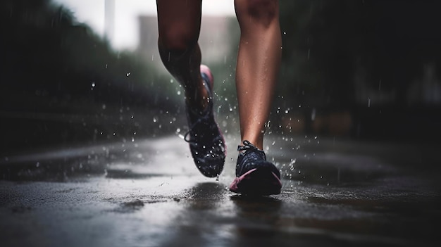 Gezonde levensstijl Benen van de vrouw in de sport kiezen om te rennen op een warme zonnige dag met gegenereerde regen AI