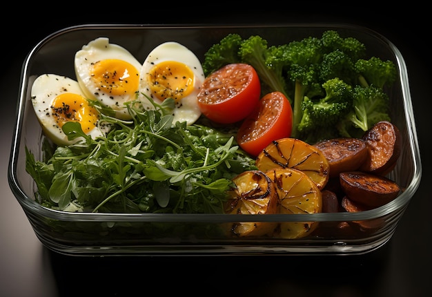 Gezonde lunchdoos met gekookte eieren, tomaten en kruiden op zwarte achtergrond