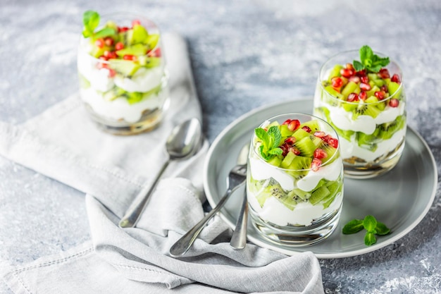 Gezonde maaltijd gemaakt van muesli, yoghurt en kiwi's Heerlijk eten voor het ontbijt Traditionele Amerikaanse snack