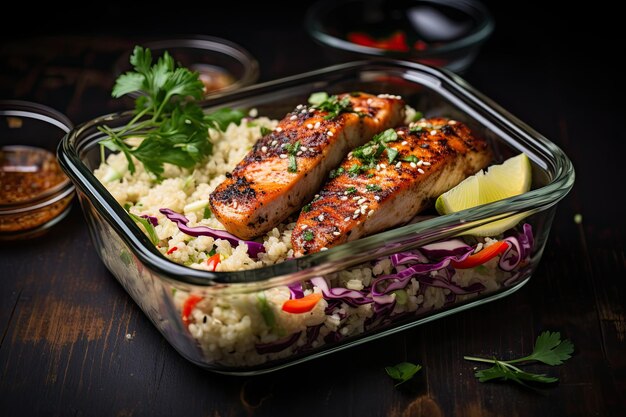 Gezonde maaltijdbereidingscontainers met quinoa-kip en koolsla