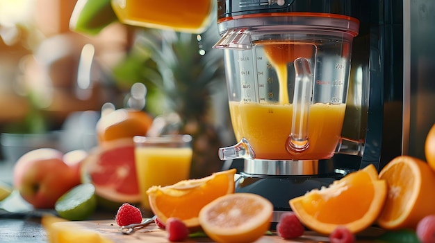 Foto gezonde ontbijtconceptfoto realistisch beeld van vers sap dat wordt bereid met een juicer blendi