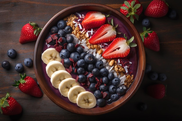 Gezonde ontbijtkom met mueslibessen en yoghurt op houten tafelbladweergave Generatieve AI