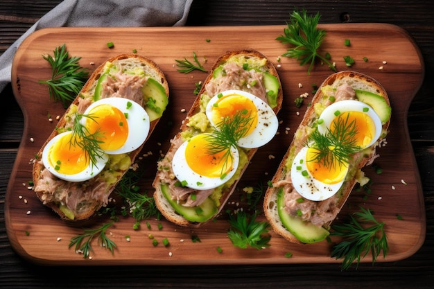 Gezonde open sandwich met avocado tonijn en gekookt ei geserveerd op een houten tafel bovenaanzicht