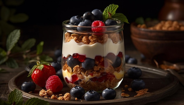 Gezonde parfait met verse bessen, muesli en yoghurt gegenereerd door AI