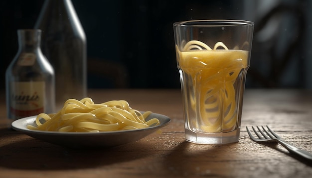 Gezonde pasta op een rustieke houten tafel met een verfrissend drankje gegenereerd door kunstmatige intelligentie
