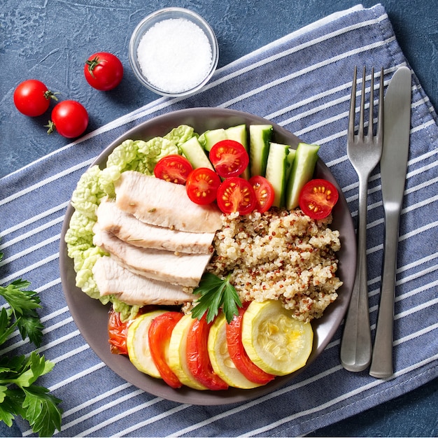 Gezonde plantaardige de komlunch van Boedha met Turkije, groenten en