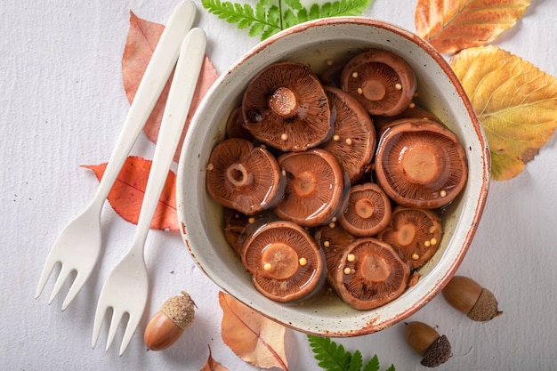 Gezonde saffraan melk cup champignons in azijn augurk met charlock