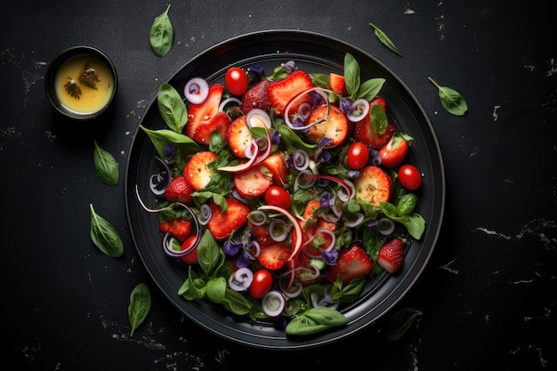 Gezonde salade dieet menu bovenaanzicht op donkere achtergrond