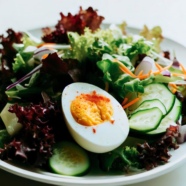 Gezonde salade met ei op een wit bord.