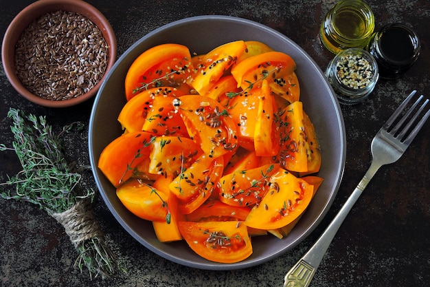 Gezonde salade met gele tomaten en kruiden. heldere slakom. veganistische gezonde salade.