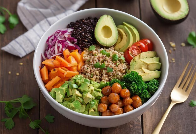 Foto gezonde salade schaal met quinoa tomaten kip avocado limoen en gemengde groenten sla peterselie op houten achtergrond bovenkant voedsel en gezondheid