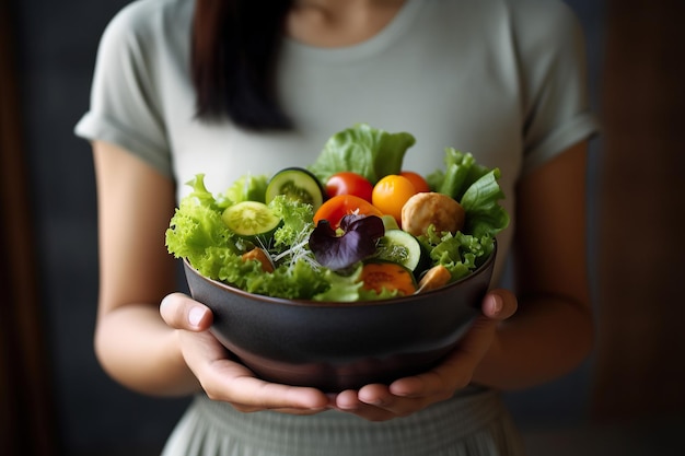 Gezonde saladeschalen die Aziatische vrouwen in sportkleding vasthouden om een goede gezondheid en welzijn te bevorderen