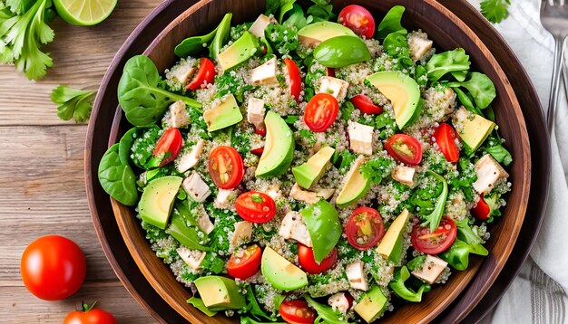 Foto gezonde saladeschotel met quinoa, tomaten, kip, avocado, limoen en gemengde groenten, sla, peterselie.