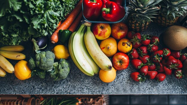 Foto gezonde smoothie bereiding met levendige fruit en groenten op de toonbank