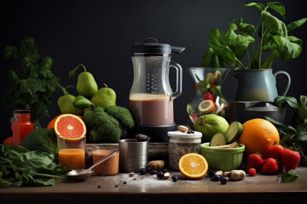 Foto gezonde smoothie delight een perfecte mix van blender en verse ingrediënten op uw keukentafel