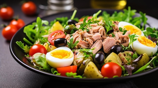 Gezonde stevige salade van tonijn en foto's van het gezonde maaltijdmenu