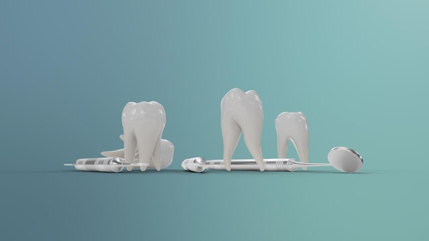 Gezonde tanden rotatie animatie. tanden met tandheelkundige instrumenten. concept van tandenpoetsen, verzorging en bescherming tegen cariës. concept mondverzorging