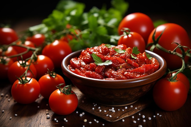 Gezonde tomatensous op de tafel achtergrond