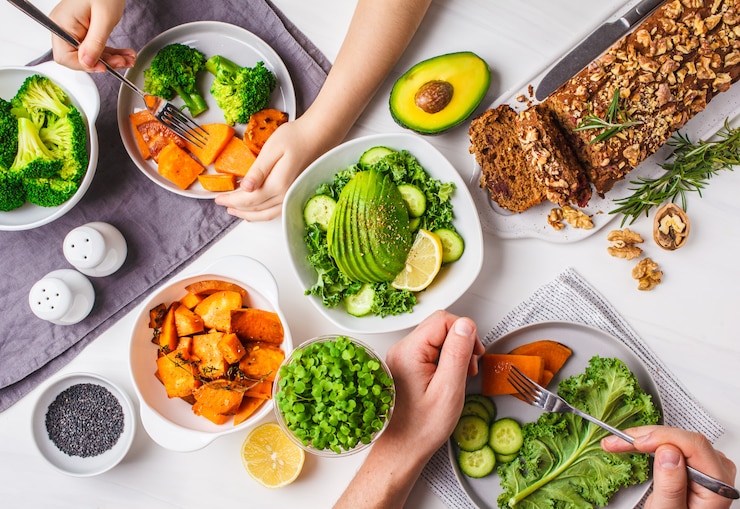 Foto gezonde veganistisch eten lunch, bovenaanzicht.