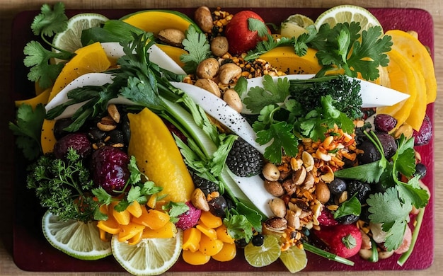 Gezonde veganistische achtergrond met snijplank en citroensnijden Bovenbeeld van biologische achtergrond met knijpplank en limonensnijden