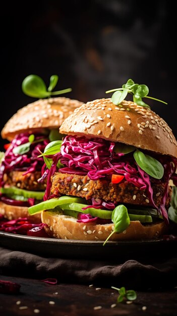 Foto gezonde veganistische beetburger met rode kool en sla op donkere achtergrond close-up