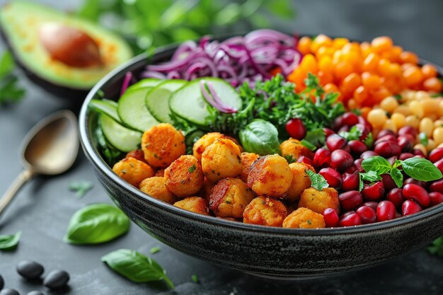 Gezonde veganistische lunchbak met falafel ar c