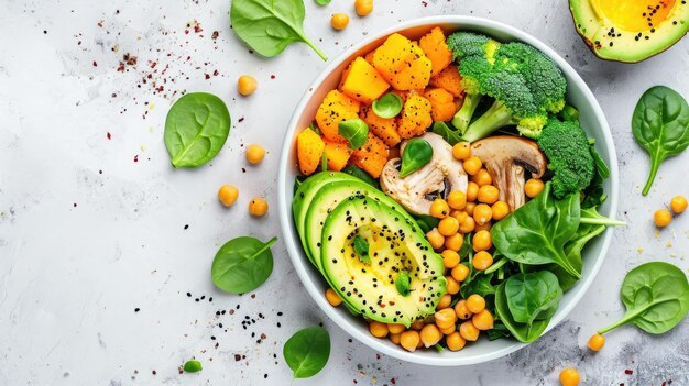 gezonde veganistische lunchkom met avocado paddestoelen broccoli spinazie