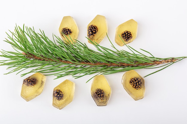 Gezonde veganistsnack - natuurlijke geleimarmelade met denneappel binnen op witte backund. Het concept juiste voeding en het gezonde eten. Organisch en vegetarisch zoet dessert geen bak. Detailopname