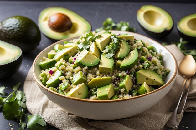 Foto gezonde vegetarische salade met kikkererwten quinoa komkommer radijs en avocado eieren gegenereerd ai