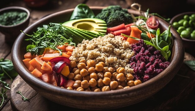 Foto gezonde verse groente salade met biologische ingrediënten op een houten tafel gegenereerd door ai