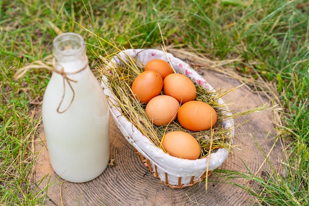 Gezonde verse zuivelproducten van melk en eieren op de boerderij