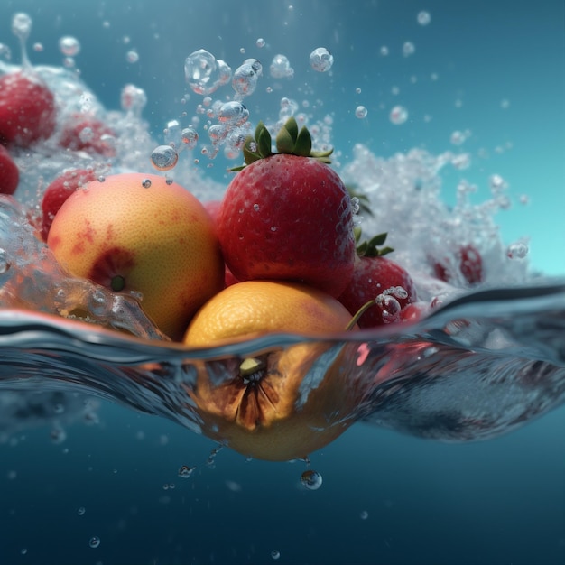 Gezonde vitamine verse drop fruit spatten aardbei groen voedsel achtergrond water Generatieve AI