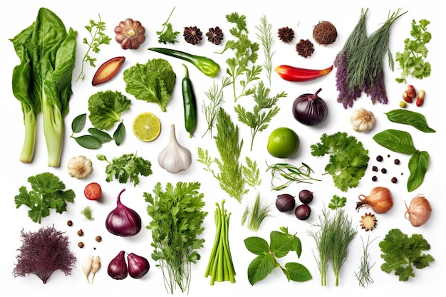 Gezonde voeding achtergrond met diverse groenten aromatische kruiden en specerijen ingrediënten generatieve ai
