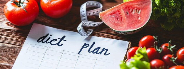 Foto gezonde voeding en dieetplanning gewichtsverliesconcept notebook met uitdrukking dieetplan