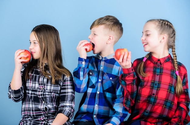 Gezonde voeding en vitaminevoeding Eet fruit en wees gezond Schoolsnacktijd Een smakelijke snack hebben Groepstieners eten appels Vrienden van jongens en meisjes eten appelsnack Tieners met een gezonde snack