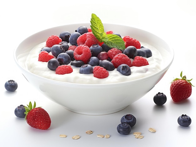 Gezonde voeding muesli haver verse bessen yoghurt in smoothie kom op witte achtergrond