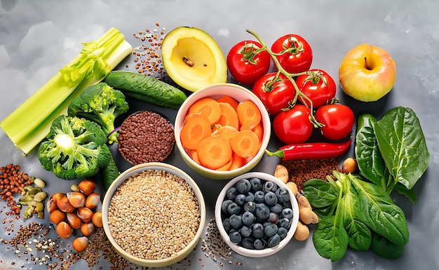 Gezonde voeding schone voeding selectie fruit groenten zaden supervoedsel granen bladgroenten enzovoort