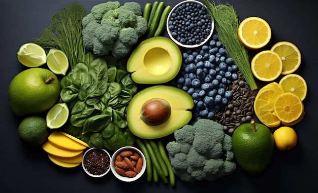 Gezonde voeding Schone voeding Selectie fruit groenten zaden supervoedsel granen bladgroenten