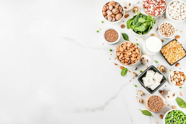 Gezonde voeding veganistisch voedsel vegetarische eiwitbronnen Tofu veganistische melkbonen linzen noten sojamelk spinazie en zaden op witte tafel
