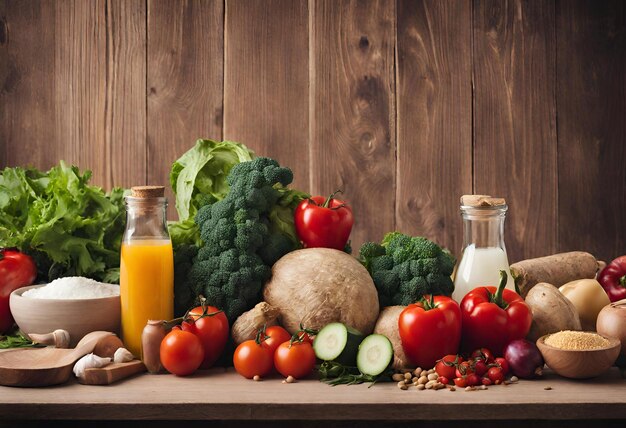 Gezonde voedselingrediënten op een houten tafel vanuit een lage hoek