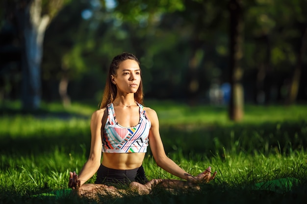 Gezonde vrouw levensstijl evenwichtige beoefenen mediteren en energie yoga