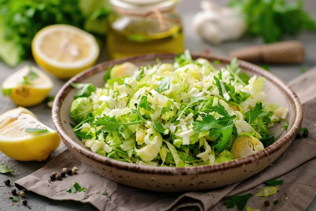 Gezonde zelfgemaakte Brussel Sprout Salad met geschoren sla, citroen en olie dressing geserveerd