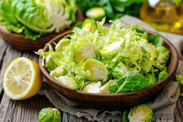 Gezonde zelfgemaakte Brussel Sprout Salad met geschoren sla in een American Style Crockery Bowl Drizzle