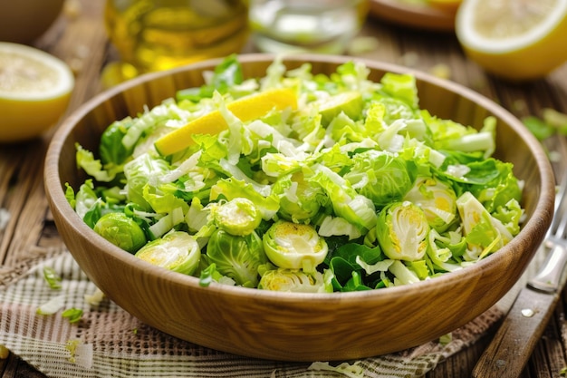 Gezonde zelfgemaakte salade met geschoren citroen en olie.