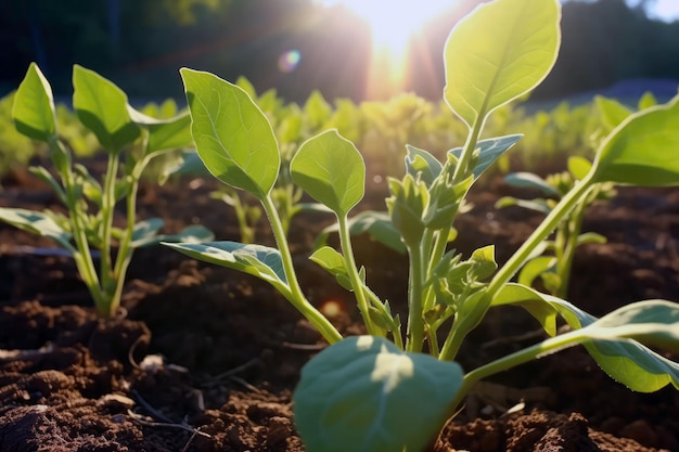 Gezonde zonnebloemscheuten in het veld getuigen van een nieuw begin Generatieve AI